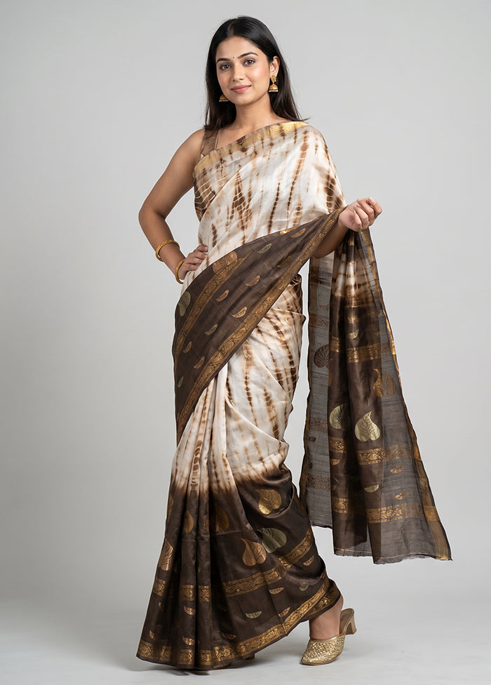 Cream Handloom Tussar Pure Silk Saree With Blouse Piece