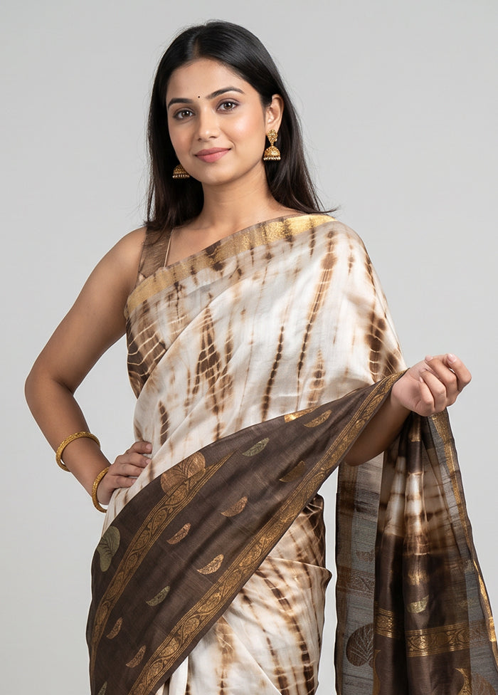 Cream Handloom Tussar Pure Silk Saree With Blouse Piece