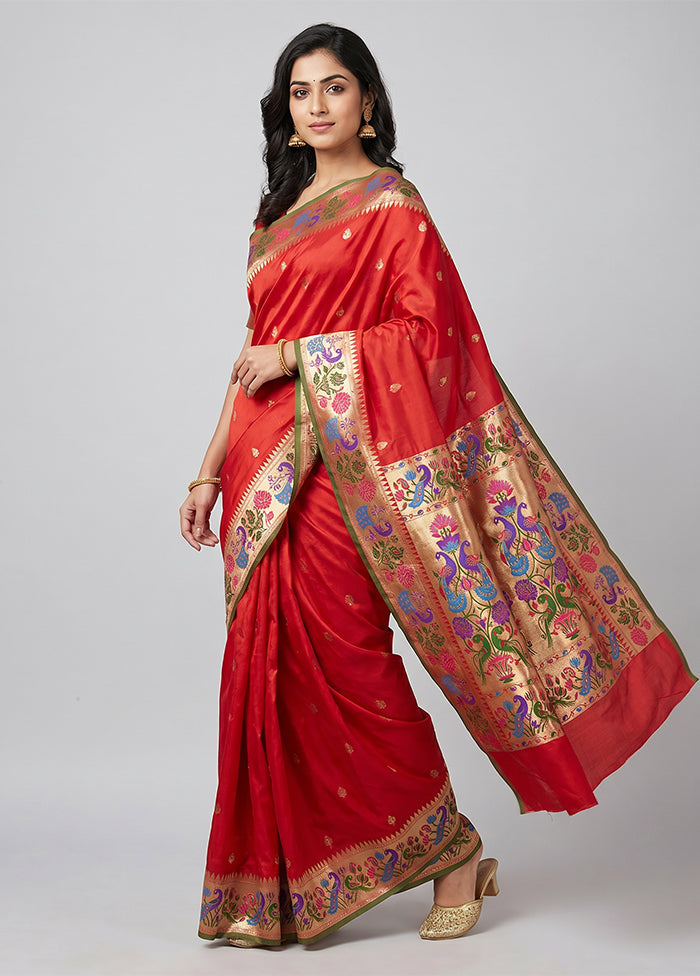 Red Handloom Katan Pure Silk Saree With Blouse Piece