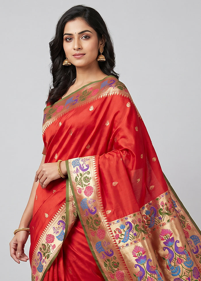 Red Handloom Katan Pure Silk Saree With Blouse Piece