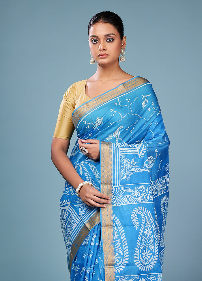 Blue Printed Pure Silk Saree Without Blouse Piece