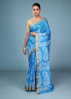 Blue Printed Pure Silk Saree Without Blouse Piece