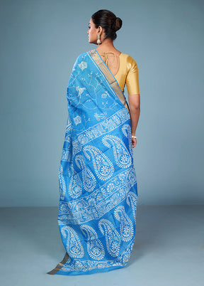 Blue Printed Pure Silk Saree Without Blouse Piece