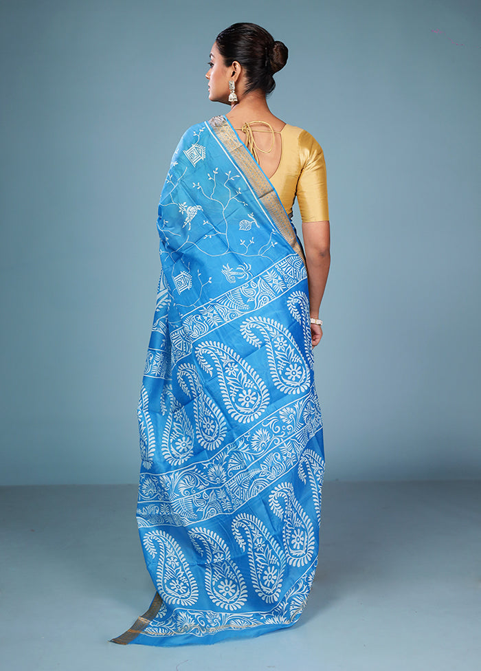 Blue Printed Pure Silk Saree Without Blouse Piece