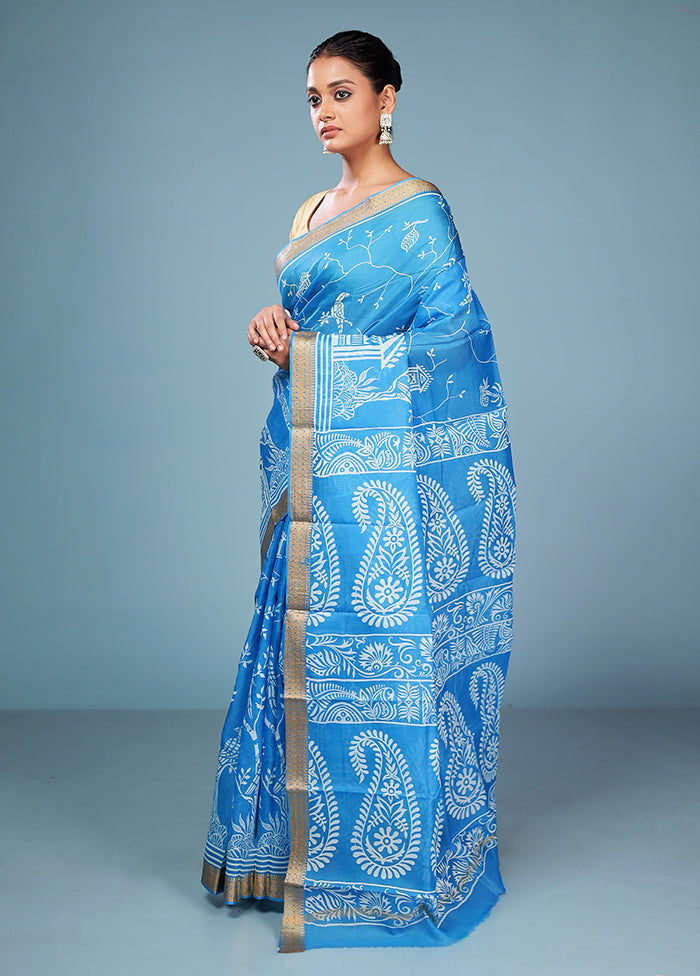 Blue Printed Pure Silk Saree Without Blouse Piece
