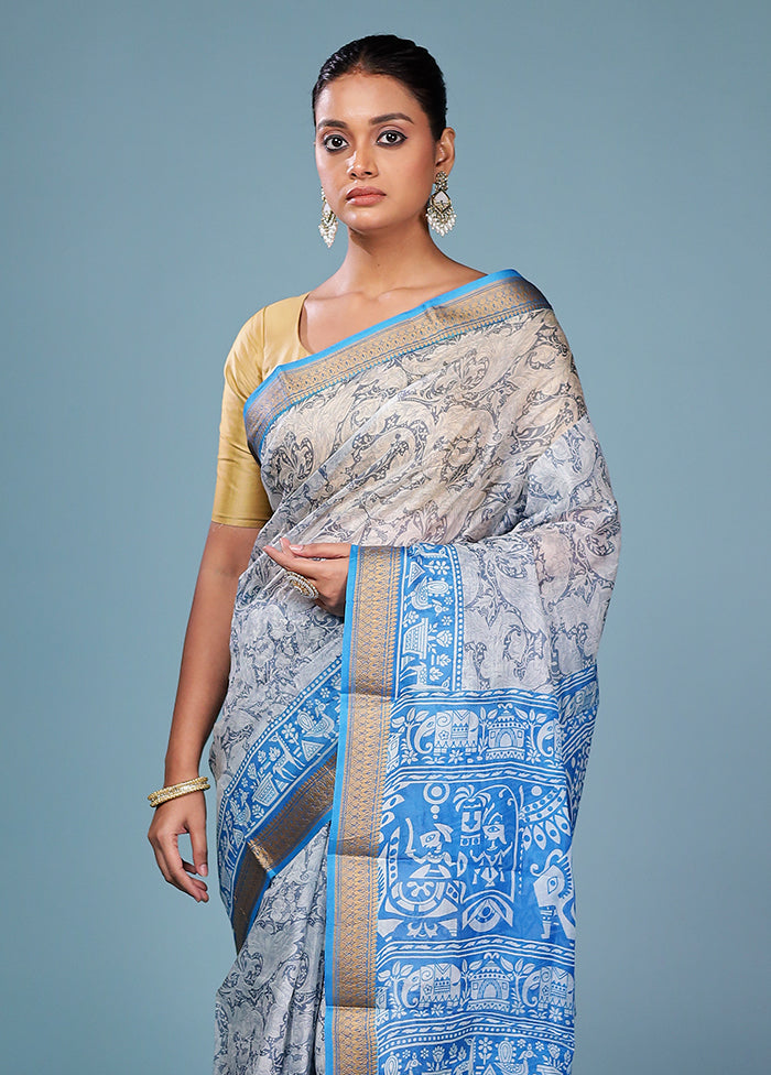 Grey Printed Pure Silk Saree Without Blouse Piece