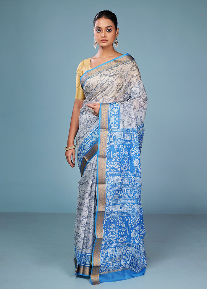 Grey Printed Pure Silk Saree Without Blouse Piece