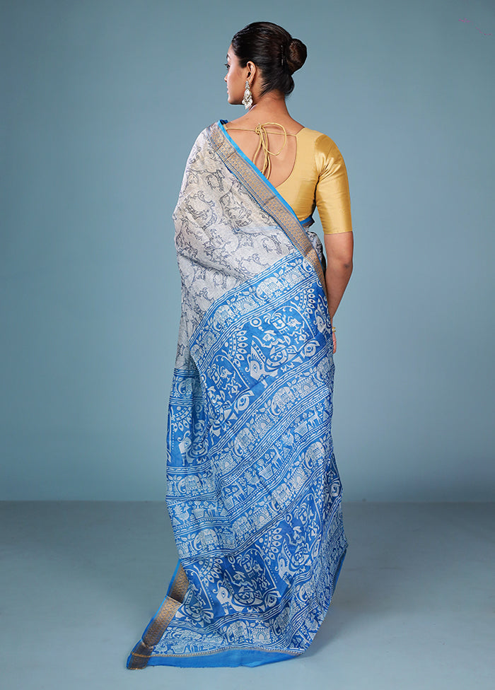Grey Printed Pure Silk Saree Without Blouse Piece