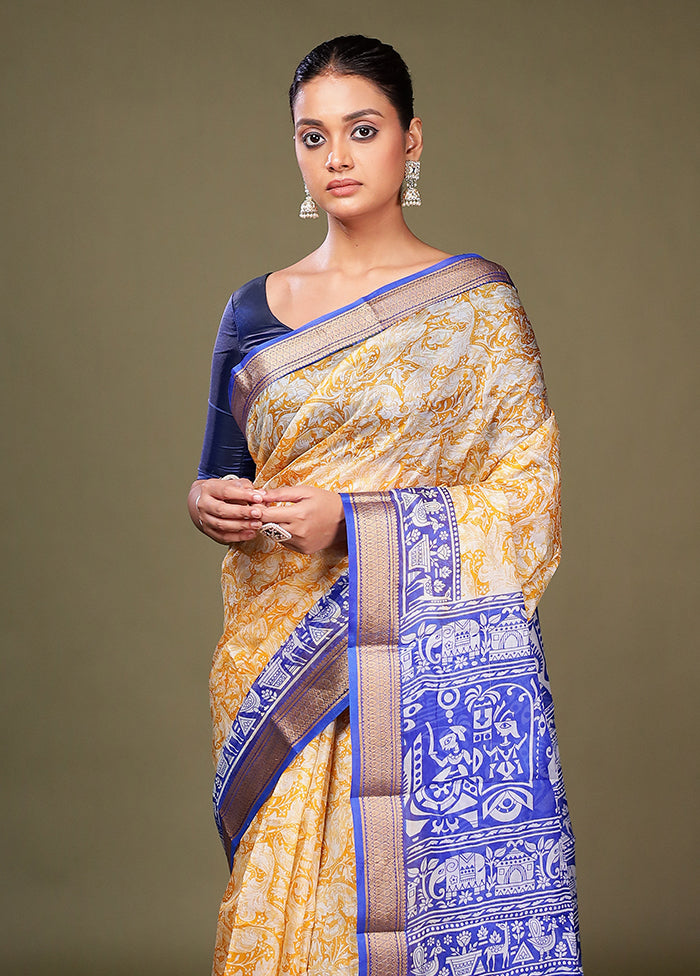 Yellow Printed Pure Silk Saree Without Blouse Piece