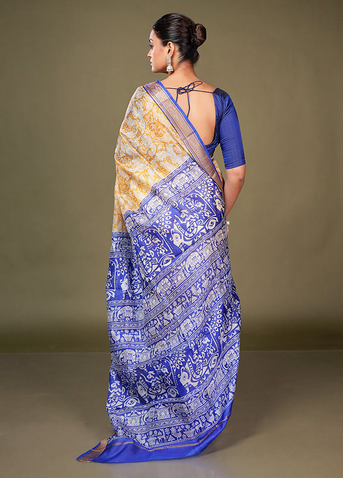 Yellow Printed Pure Silk Saree Without Blouse Piece