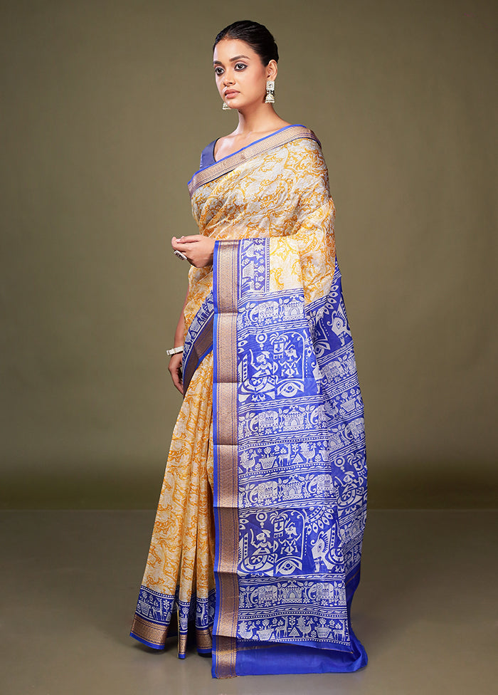 Yellow Printed Pure Silk Saree Without Blouse Piece