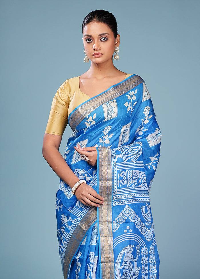 Blue Printed Pure Silk Saree Without Blouse Piece