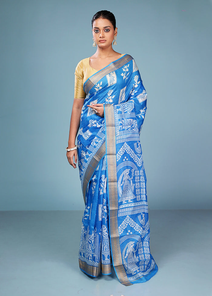 Blue Printed Pure Silk Saree Without Blouse Piece