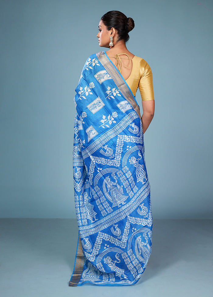 Blue Printed Pure Silk Saree Without Blouse Piece
