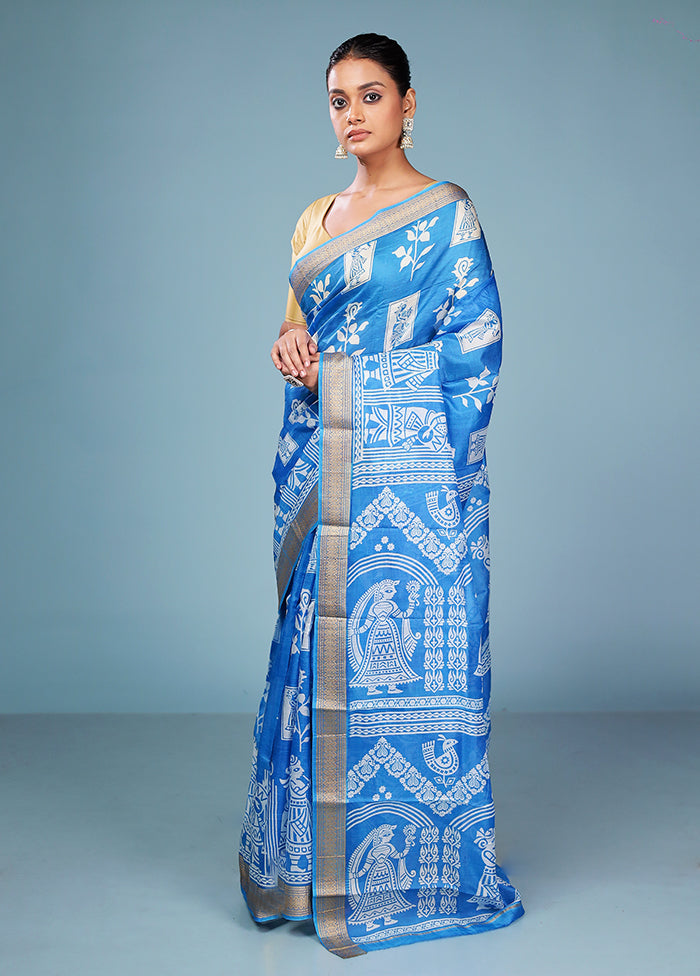 Blue Printed Pure Silk Saree Without Blouse Piece