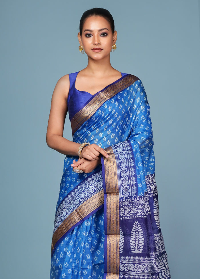Blue Printed Pure Silk Saree Without Blouse Piece