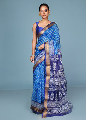 Blue Printed Pure Silk Saree Without Blouse Piece