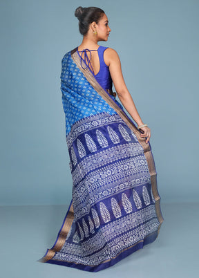 Blue Printed Pure Silk Saree Without Blouse Piece