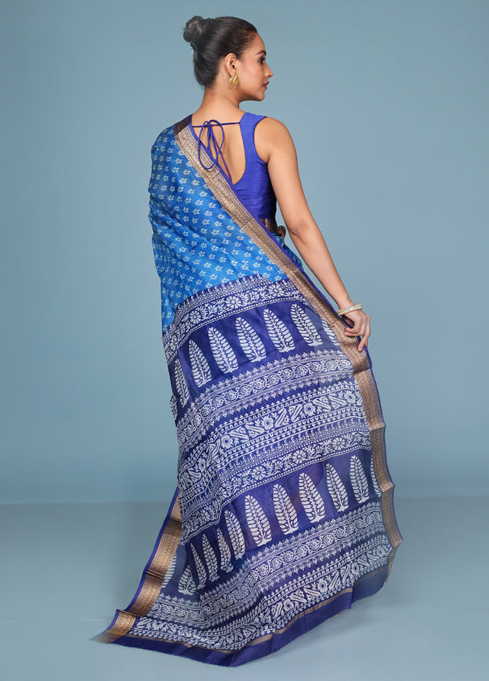 Blue Printed Pure Silk Saree Without Blouse Piece