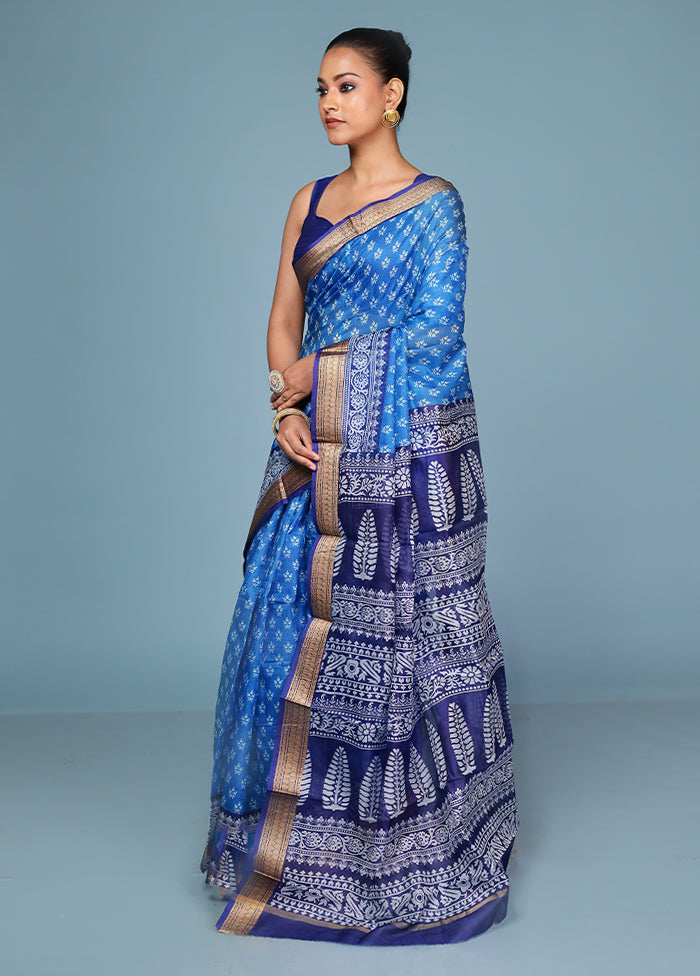 Blue Printed Pure Silk Saree Without Blouse Piece