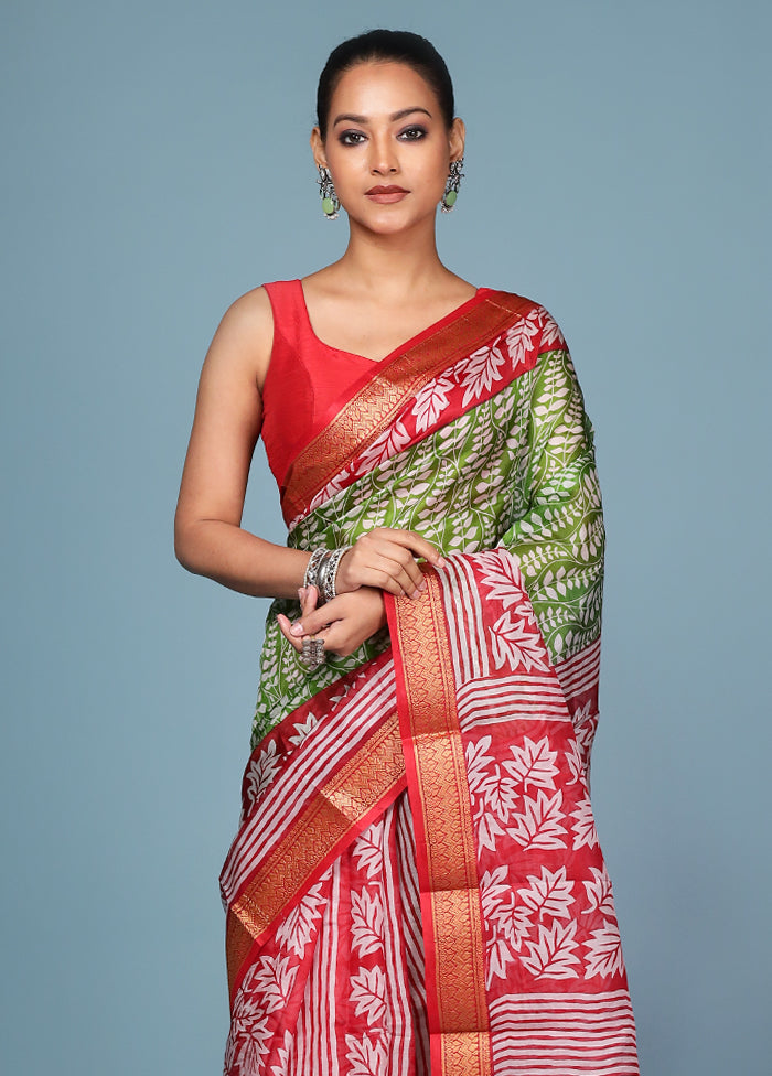 Green Printed Pure Silk Saree Without Blouse Piece