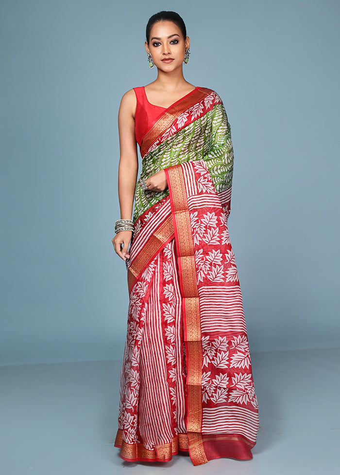 Green Printed Pure Silk Saree Without Blouse Piece