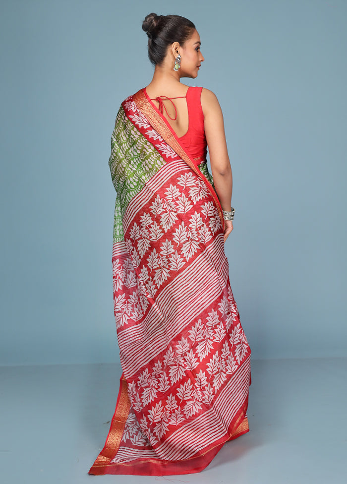 Green Printed Pure Silk Saree Without Blouse Piece