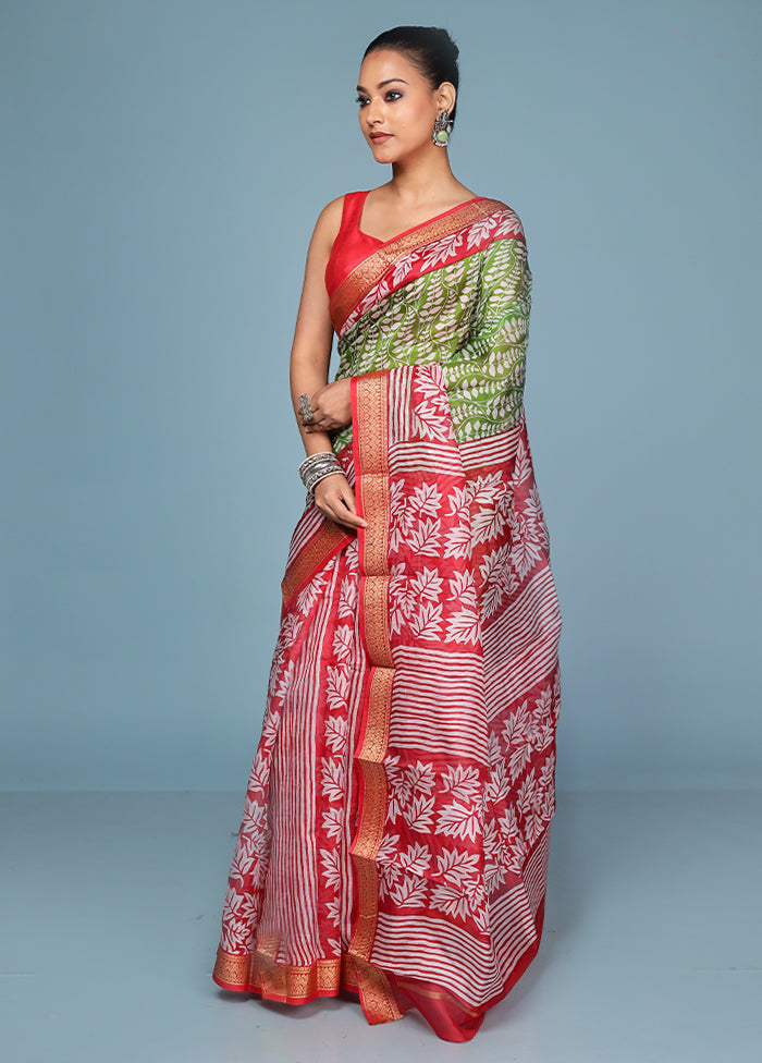 Green Printed Pure Silk Saree Without Blouse Piece