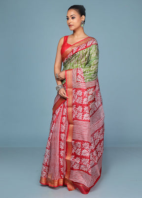 Green Printed Pure Silk Saree Without Blouse Piece