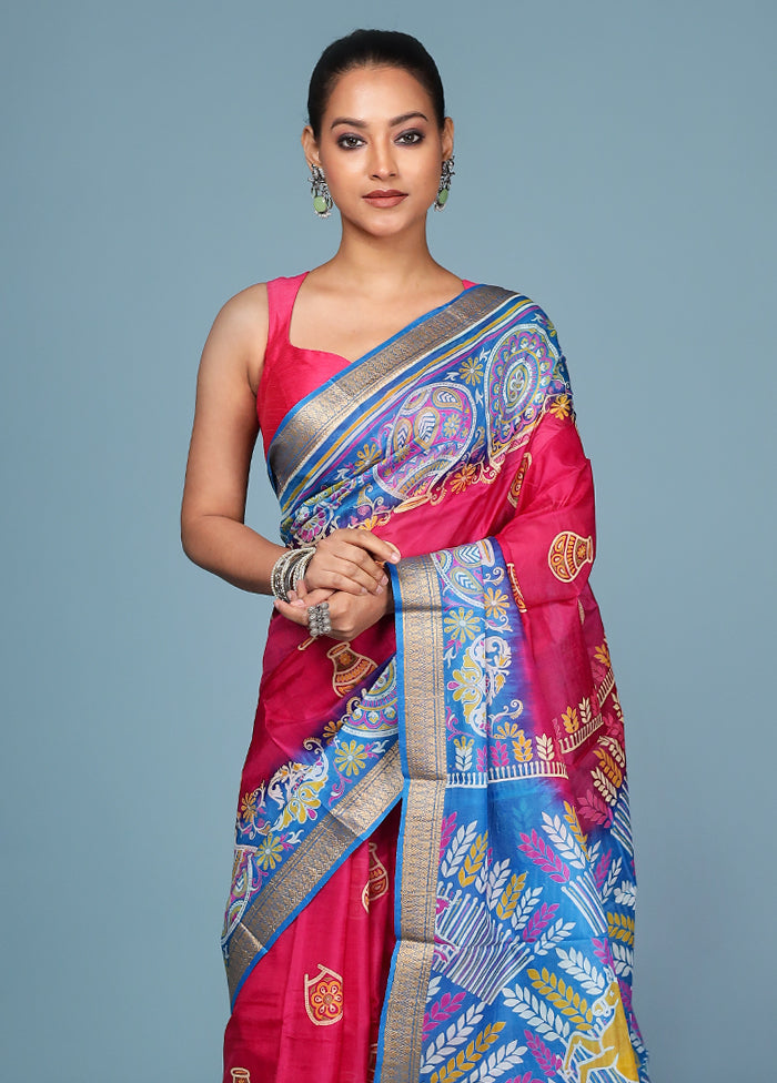 Pink Printed Pure Silk Saree Without Blouse Piece