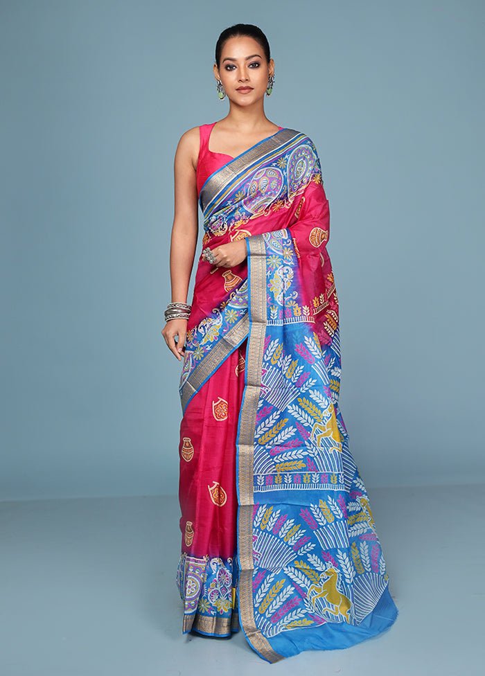 Pink Printed Pure Silk Saree Without Blouse Piece