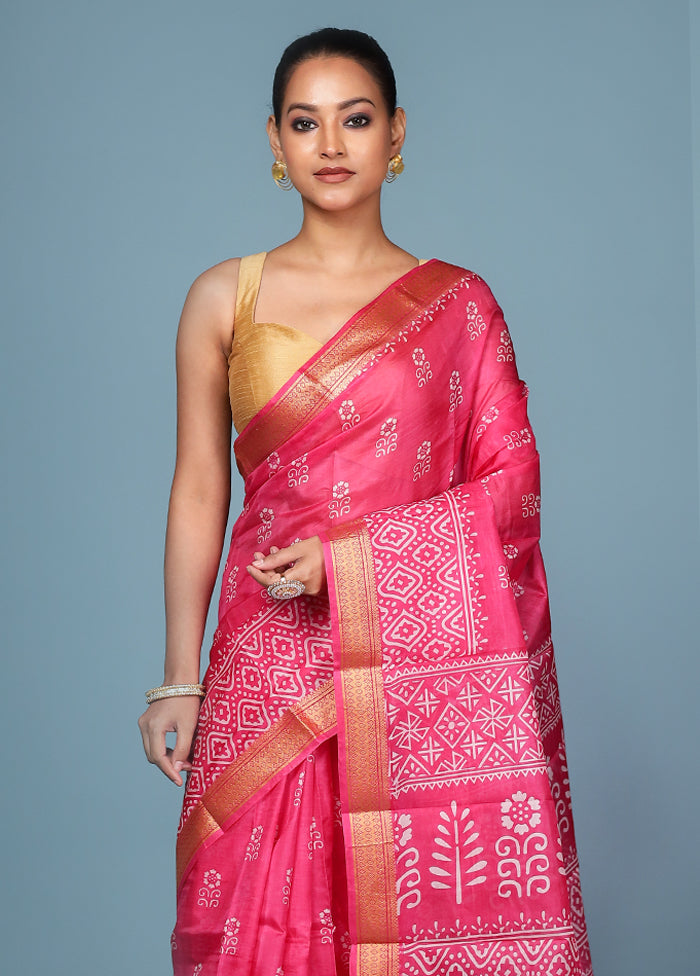Pink Printed Pure Silk Saree Without Blouse Piece