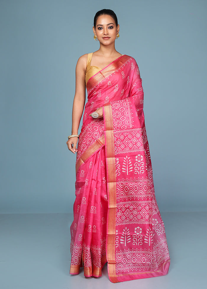 Pink Printed Pure Silk Saree Without Blouse Piece