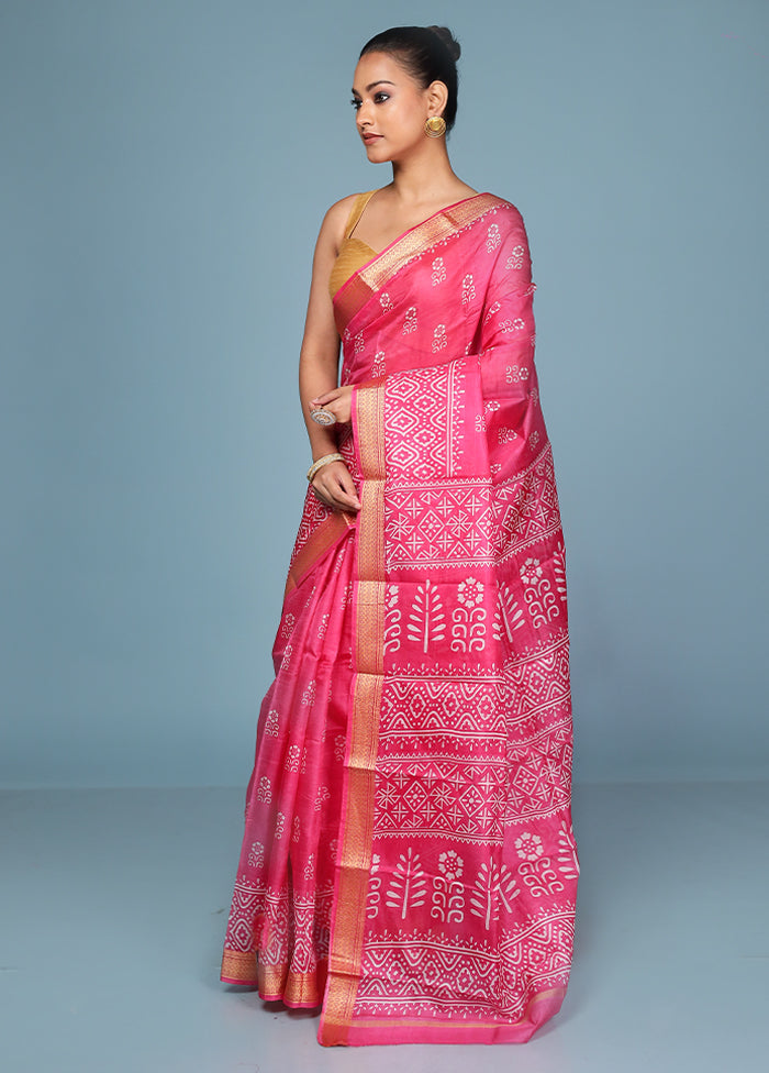 Pink Printed Pure Silk Saree Without Blouse Piece