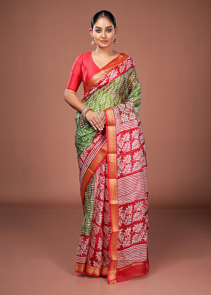 Green Printed Pure Silk Saree Without Blouse Piece