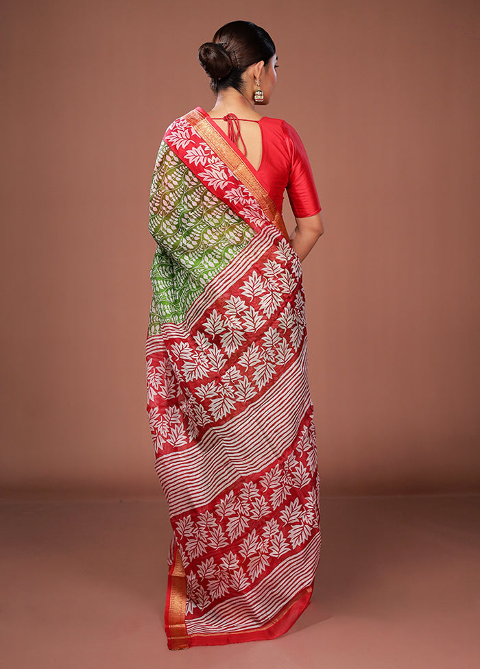 Green Printed Pure Silk Saree Without Blouse Piece
