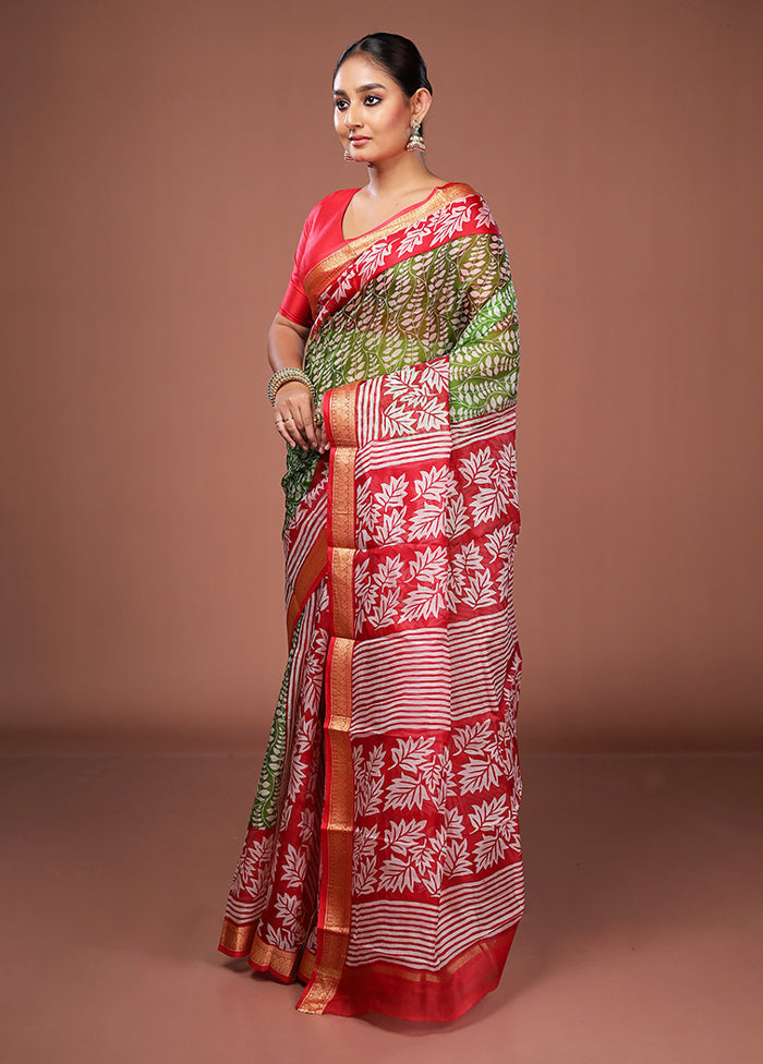 Green Printed Pure Silk Saree Without Blouse Piece