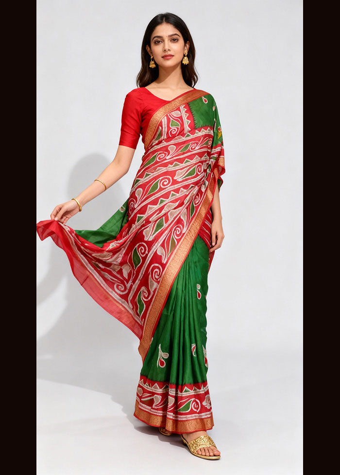 Green Printed Silk Saree Without Blouse Piece