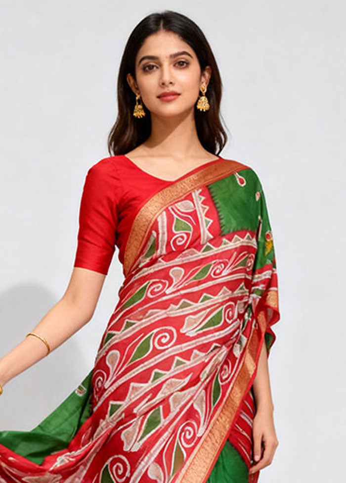 Green Printed Silk Saree Without Blouse Piece