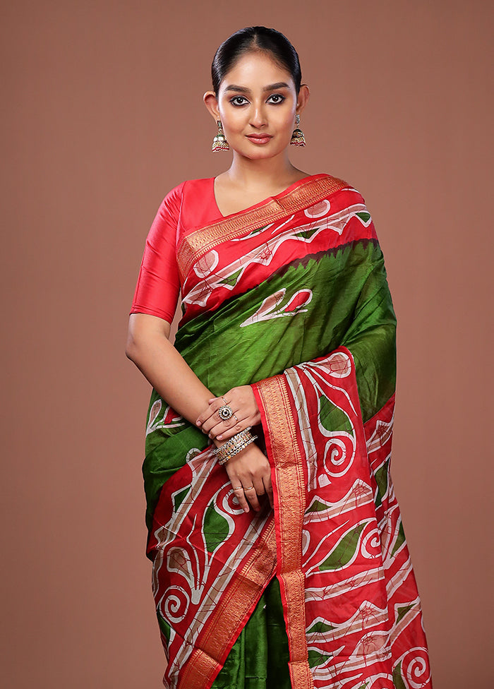Green Printed Pure Silk Saree Without Blouse Piece