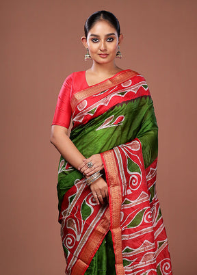 Green Printed Pure Silk Saree Without Blouse Piece