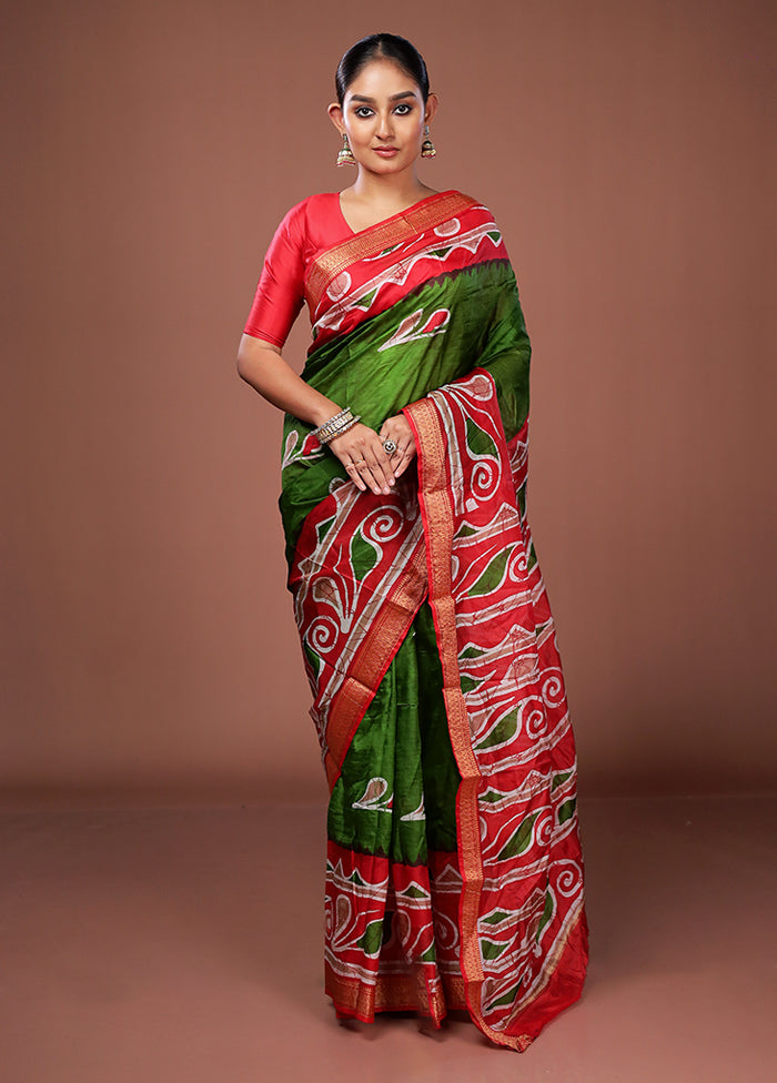 Green Printed Pure Silk Saree Without Blouse Piece