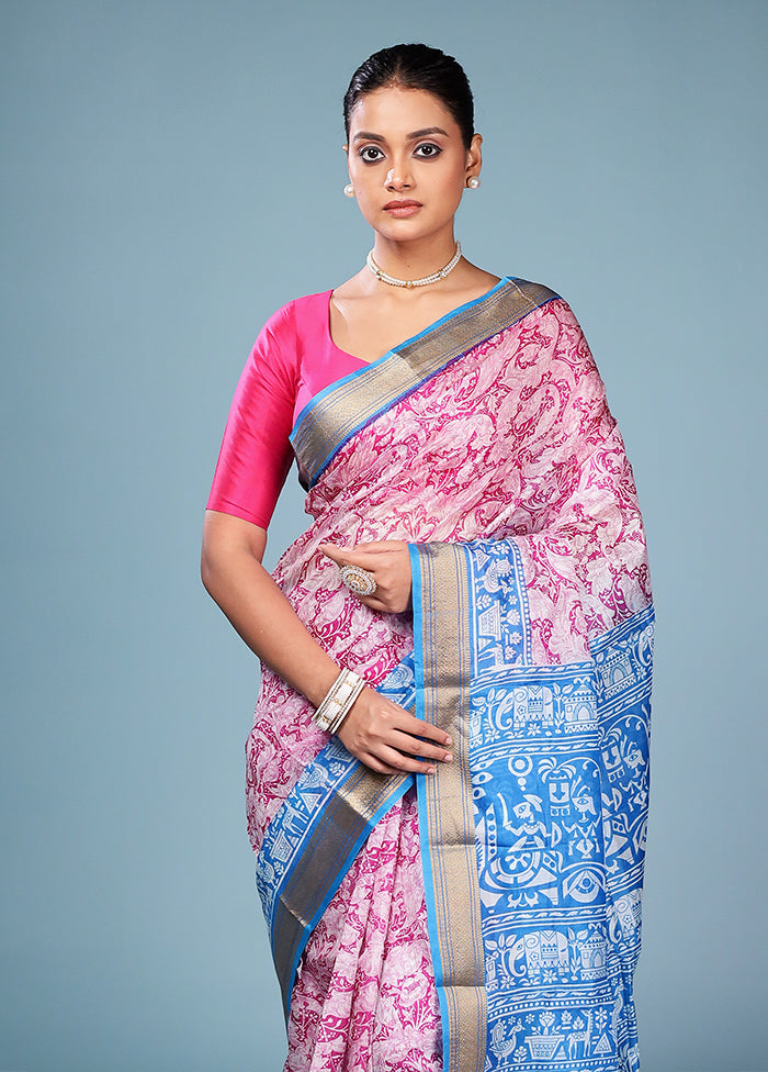 Pink Printed Pure Silk Saree Without Blouse Piece