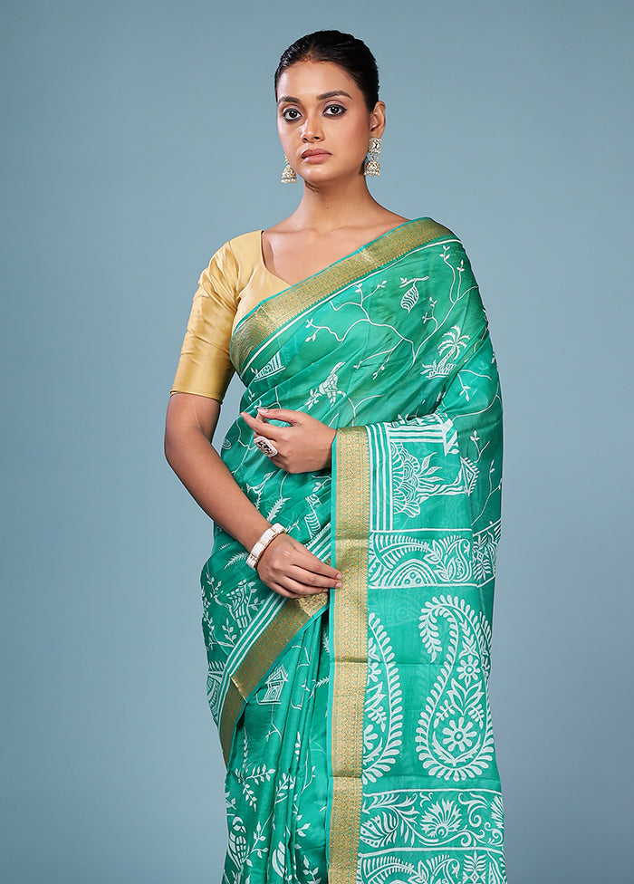 Green Printed Pure Silk Saree Without Blouse Piece