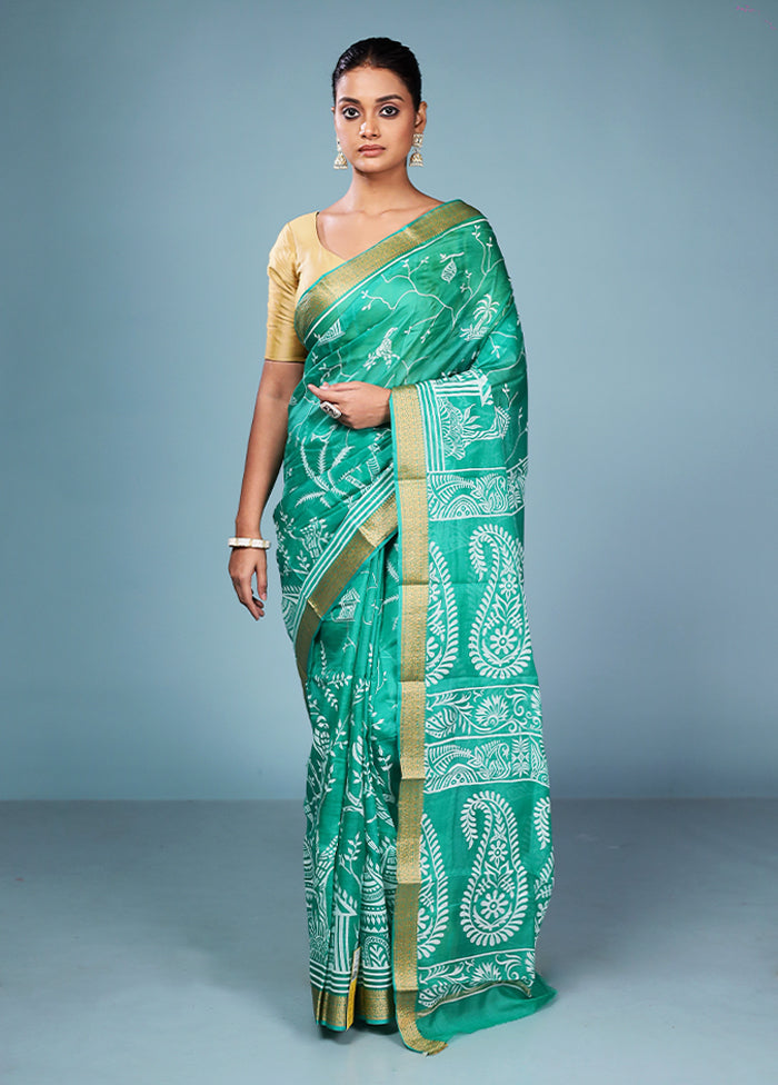 Green Printed Pure Silk Saree Without Blouse Piece
