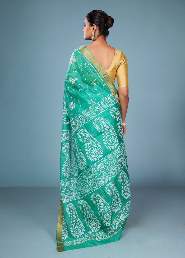 Green Printed Pure Silk Saree Without Blouse Piece
