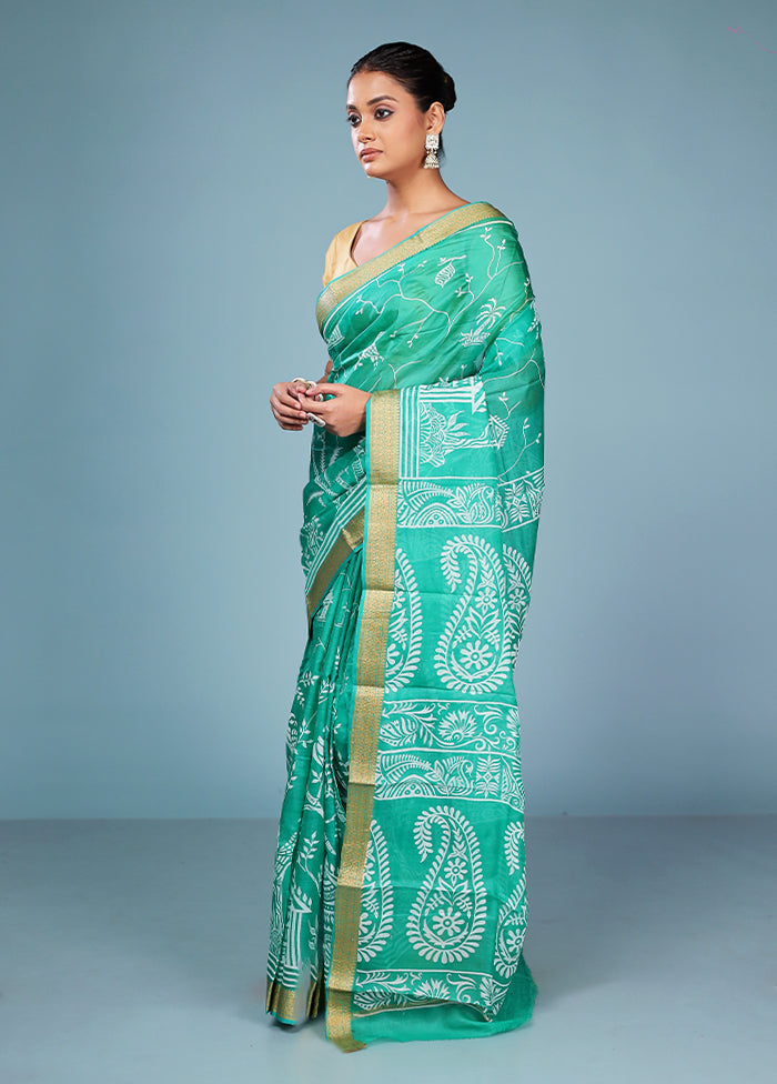 Green Printed Pure Silk Saree Without Blouse Piece