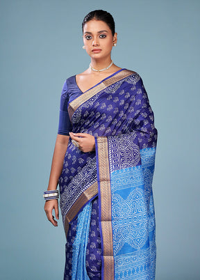 Blue Printed Pure Silk Saree Without Blouse Piece