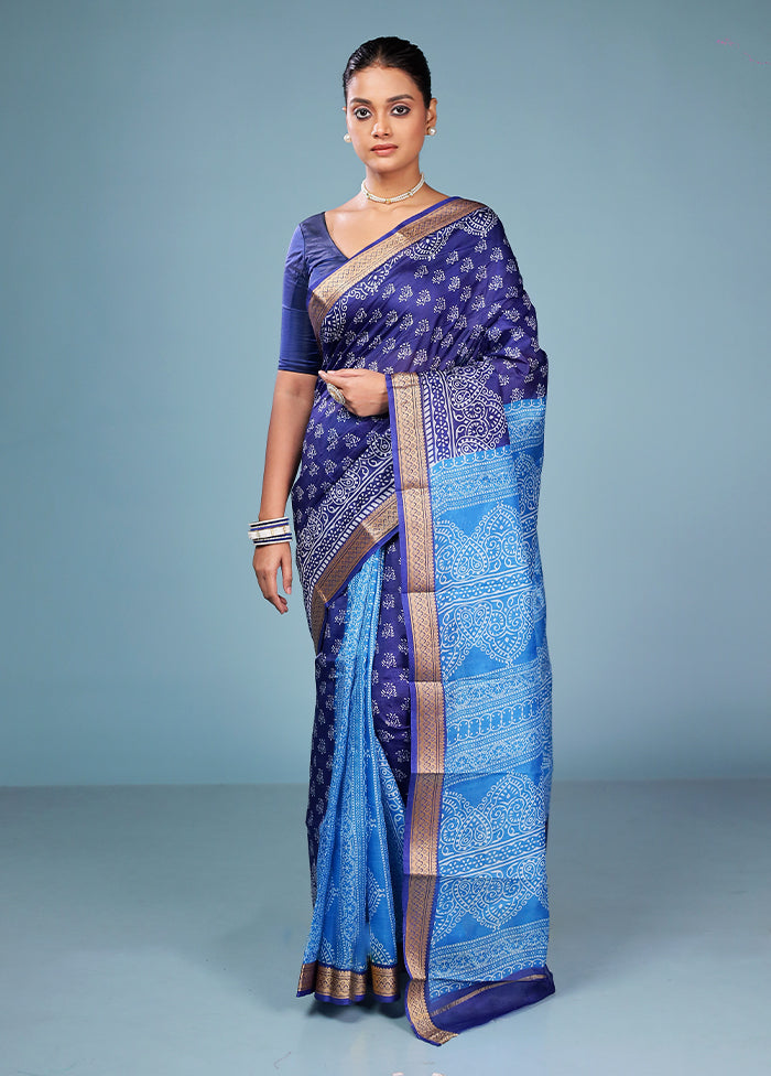 Blue Printed Pure Silk Saree Without Blouse Piece