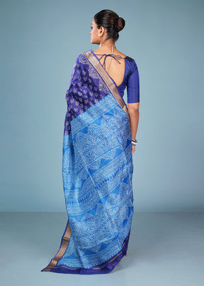 Blue Printed Pure Silk Saree Without Blouse Piece
